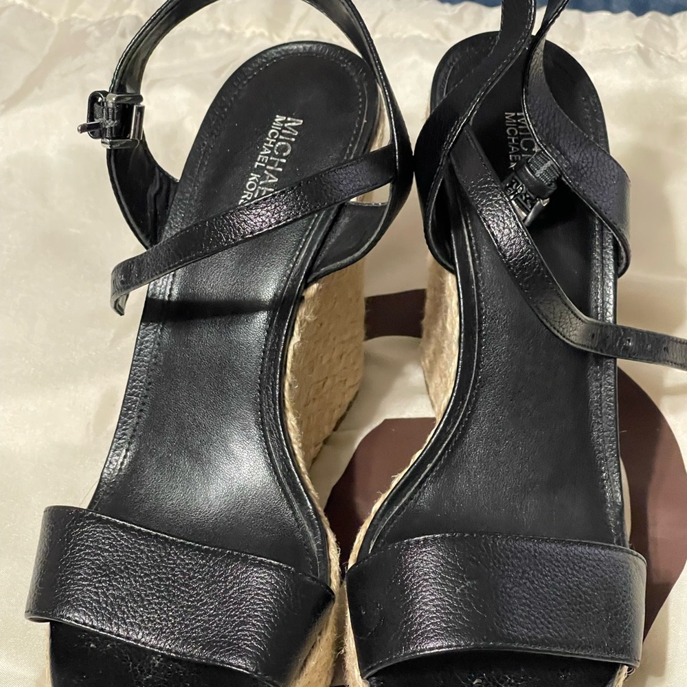 Michael Kors Carlyn Espadrille Wedges Leather black Sandals Shoes Womens Sz 8